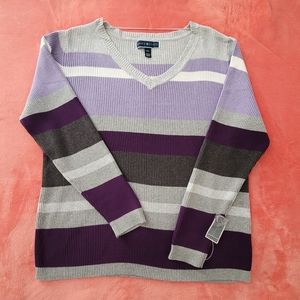 Karen Scott Sweater Purple Multicolor Gray Stripe Long Sleeve Petites PXL New